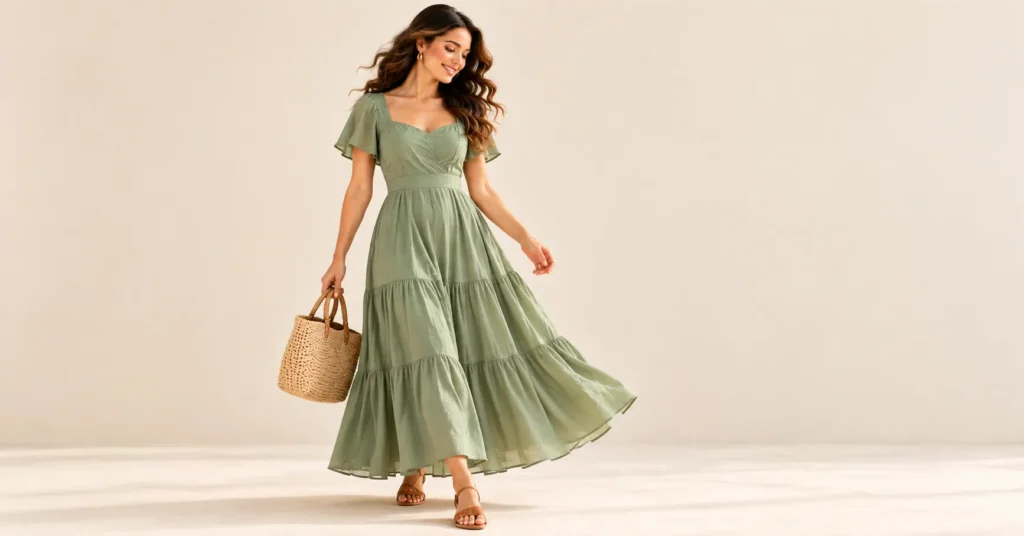 10 Stunning A-Line Dress Ideas: Flattering Outfits for Every Occasion 10 Sage green flowing A-line maxi dress with tan sandals and a straw tote.