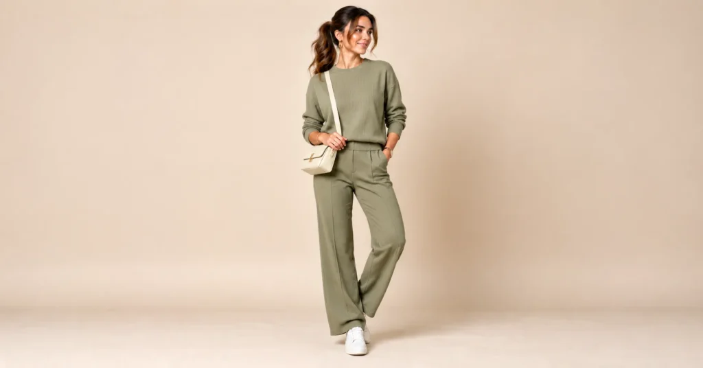 10 Effortless Comedy Show Outfit Ideas That Look Great and Feel Comfortable 12 Comedy Show Outfit Ideas featuring a sage green matching knit set, white sneakers, and a cream crossbody bag.
