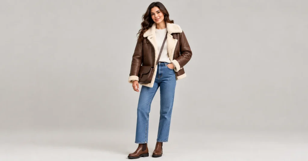 Women Winter Wear Jackets: 10 Stunning Outfit Ideas for Warmth and Style 8 Women Winter Wear Jackets styled with a brown shearling aviator jacket and straight-leg jeans.