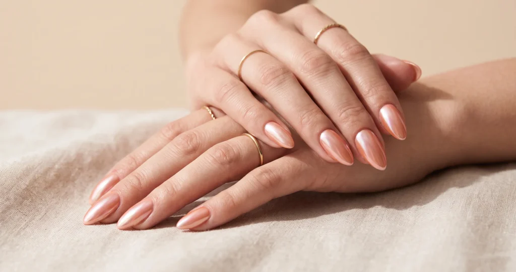 Shimmering glazed coral chrome nails reflecting soft natural daylight.