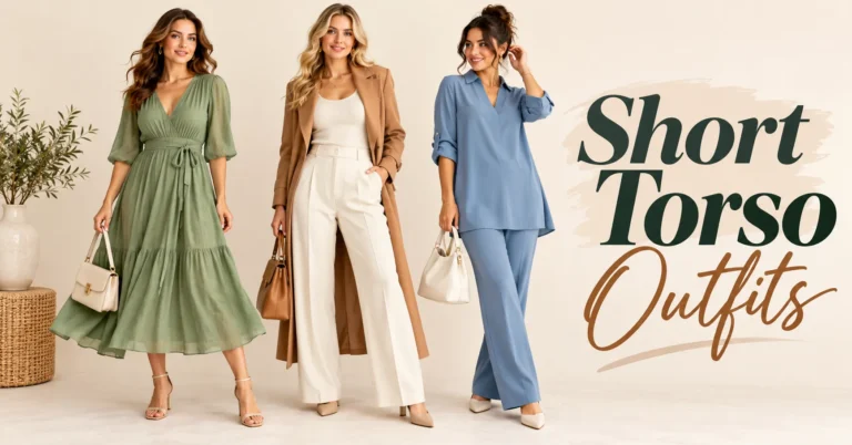 Short Torso Outfits featuring a V-neck midi dress, a longline coat, and a tunic with straight leg trousers.