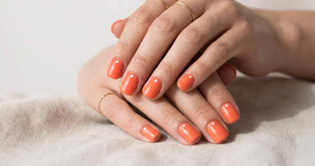 Short coral nails styled with minimal graphic dot art in bright lighting.