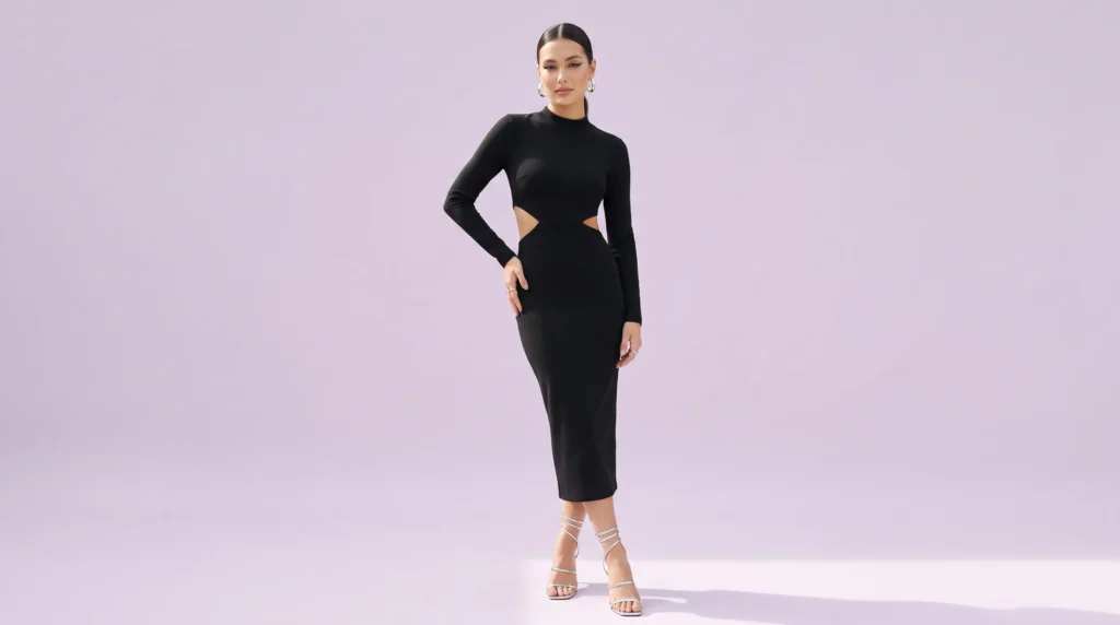 Sleek party Euphoria outfits featuring a black bodycon cutout dress and silver strappy heels.