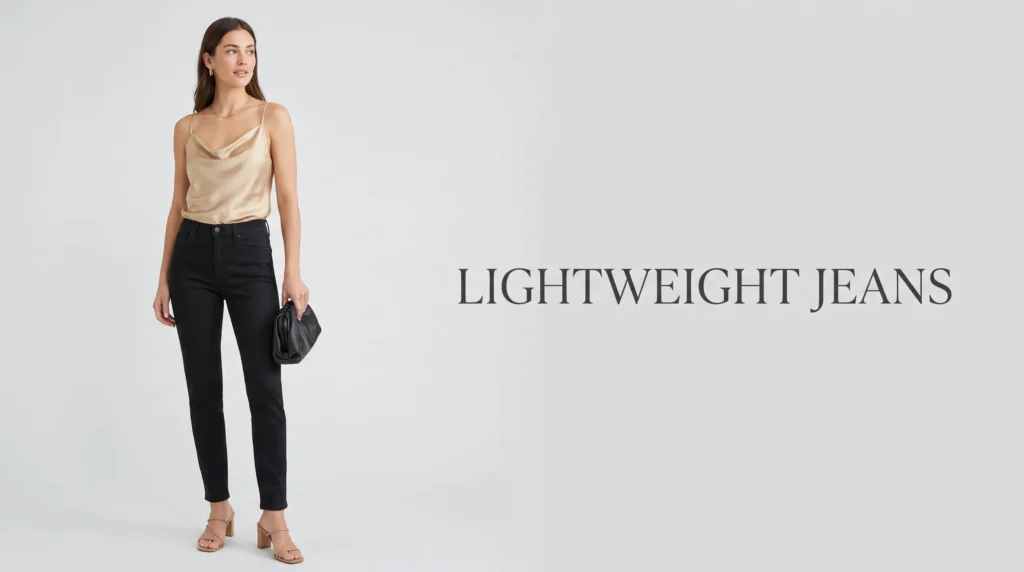 Slim black lightweight jeans styled with a champagne silk camisole for date night.