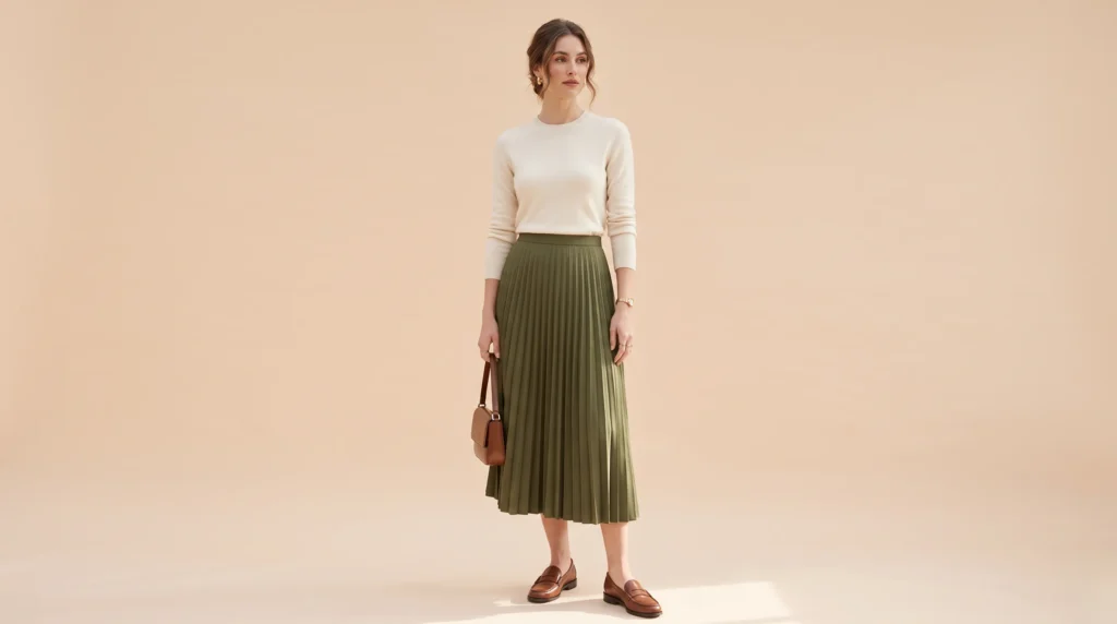 Smart-casual tall women clothes with a mid-calf pleated midi skirt and tucked fine-knit sweater.