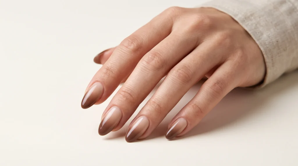 Cocoa Nail Color: 10 Gorgeous Ideas, Shades & Pro Tips for a Luxe Manicure 5 Smooth gradient latte-to-cocoa ombré nails against a plain colored background.