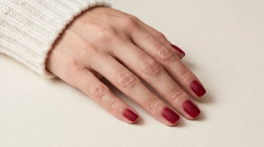 Cherry Red Nails: 10 Stunning Ideas, Shades & Pro Tips for a Flawless Manicure 9 Smooth velvety matte cherry red nails on neatly shaped short square nails.