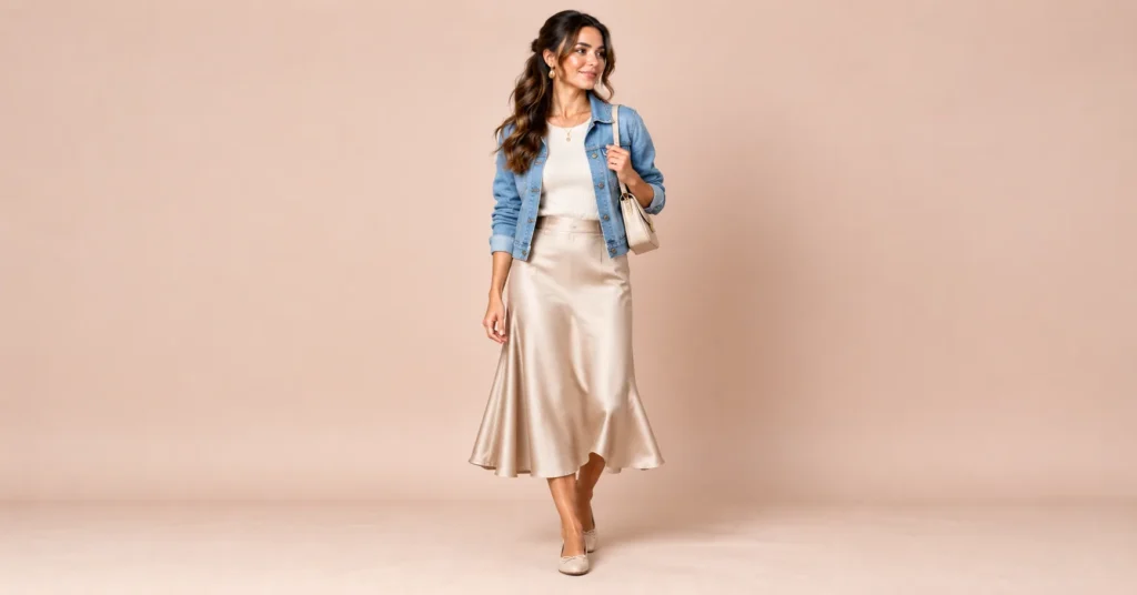 10 Effortless Comedy Show Outfit Ideas That Look Great and Feel Comfortable 10 Comedy Show Outfit Ideas featuring a champagne satin midi skirt, cream knit top, denim jacket, and ballet flats.