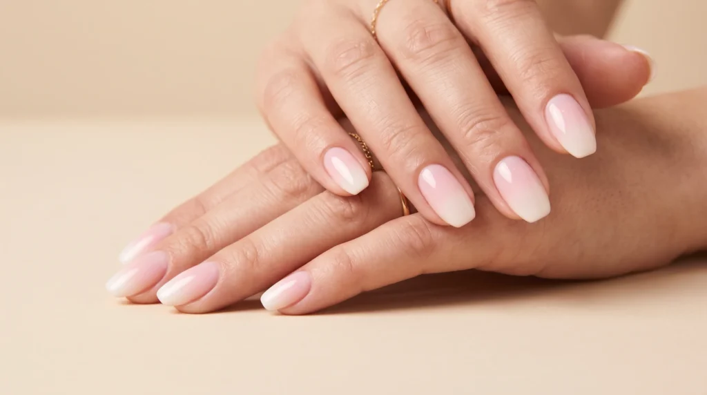 Pale Pink Nails: 10 Soft, Polished Ideas for Every Occasion 5 Soft pink ombre nails fading smoothly from pale pink to white on a plain background.