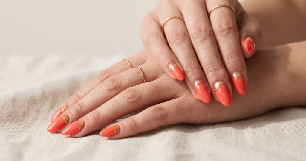 Sophisticated coral nails adorned with delicate gold leaf accents under bright daylight.