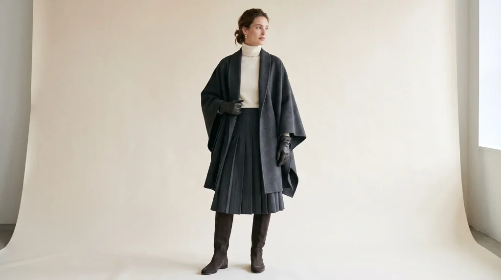 Luxury Winter Clothes for Women: Fabrics, Brands, and 10 Elegant Outfits 12 Sophisticated luxury winter clothes for women featuring a charcoal wool cape coat and pleated midi skirt.