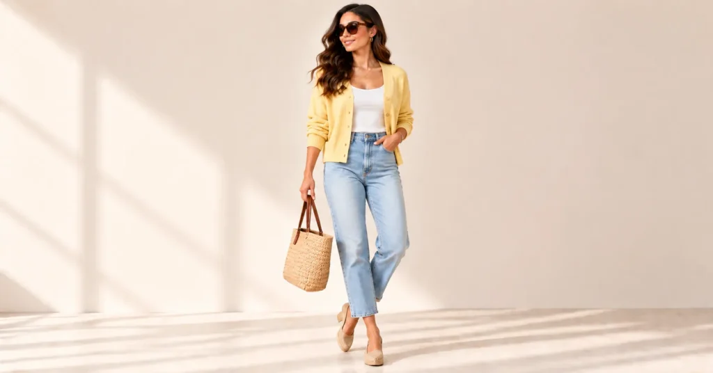 10 Effortless Cardigan and Jeans Outfits You'll Want to Wear on Repeat 12 Cardigan and Jeans Outfits with a lightweight yellow cardigan and cropped jeans for spring