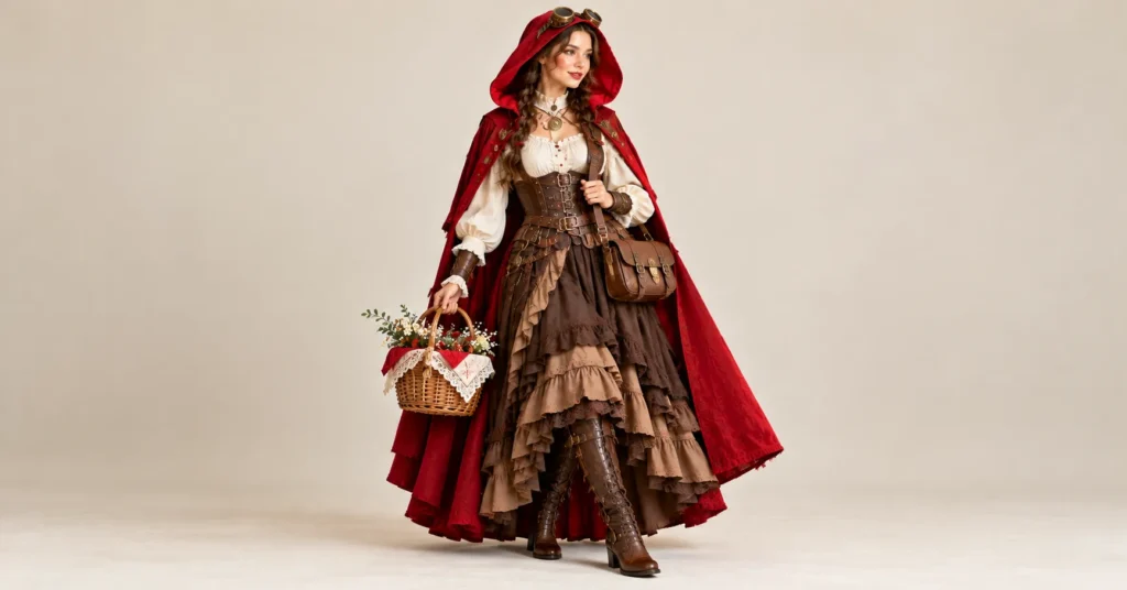 Little Red Riding Hood Costume Women Love: 10 Stunning Looks 10 Little Red Riding Hood Costume Women wearing a red hooded cape with brass details, Victorian-style blouse, layered brown skirt, and steampunk accessories.