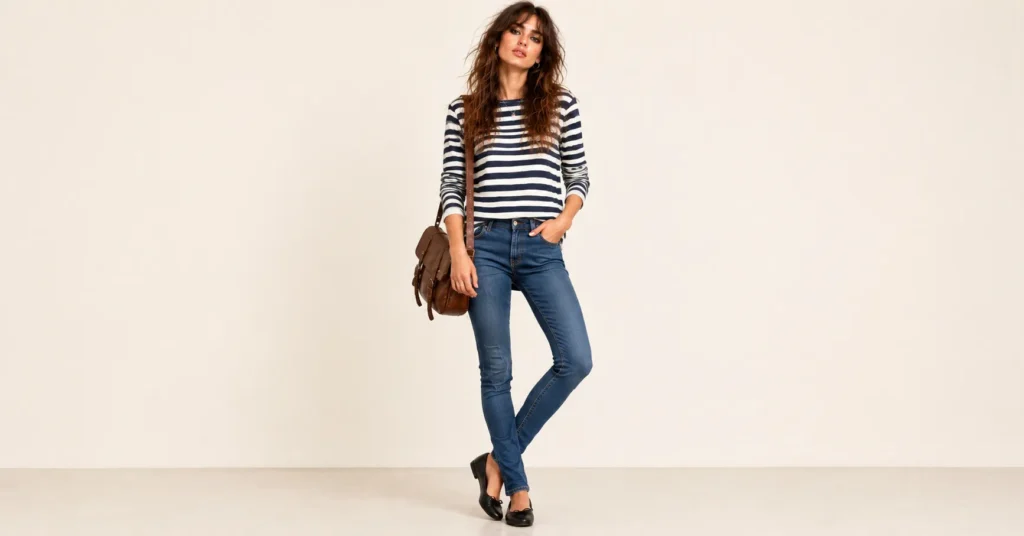Indie Sleaze Fashion: 12 Outfit Ideas for the Messy, Flash Lit 2000s Look 8 Indie Sleaze Fashion featuring a Breton striped top, skinny jeans, and ballet flats