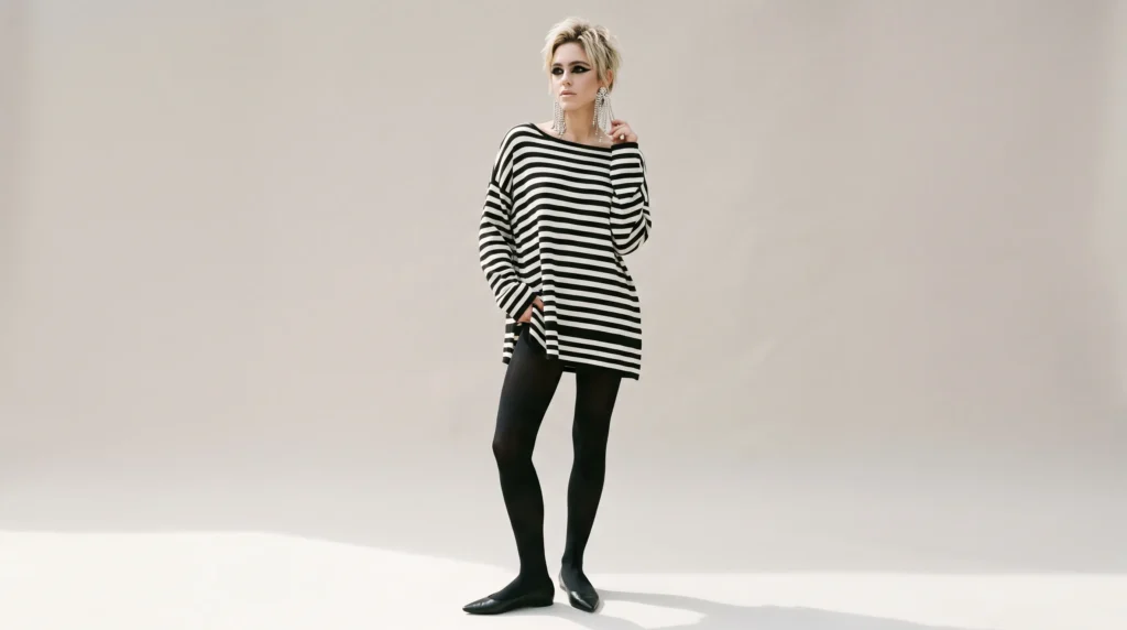 12 Iconic 60's Outfits for Ladies: Mod, Retro, and Vintage Looks to Recreate 12 Striped tunic and black tights inspired by Edie Sedgwick for 60's outfits for ladies.