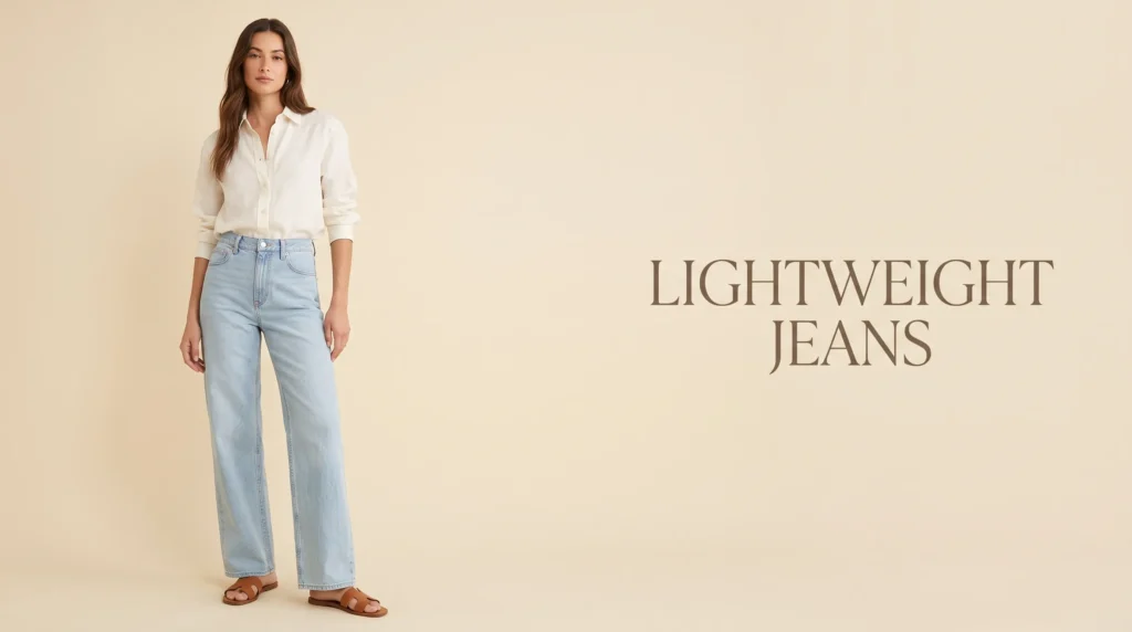 Lightweight Jeans: Denim Weight, Fabrics, and 10 Cool Outfit Ideas 5 Stylishly styled breathable lightweight jeans paired with an ivory linen shirt.