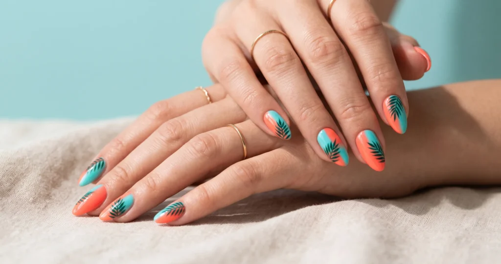Summer-ready tropical coral nails featuring delicate botanical leaf accents.