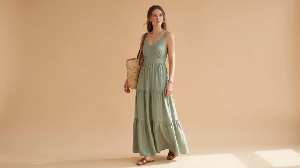 Summer tall women clothes showcasing a true floor-length tall maxi dress and flat leather sandals.