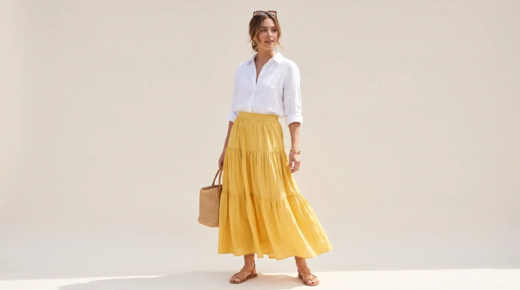 The Complete Yellow Skirt Guide: 12 Stunning Outfit Ideas and Styling Rules 6 Summer yellow skirt outfit with a tiered yellow maxi skirt and white linen shirt.