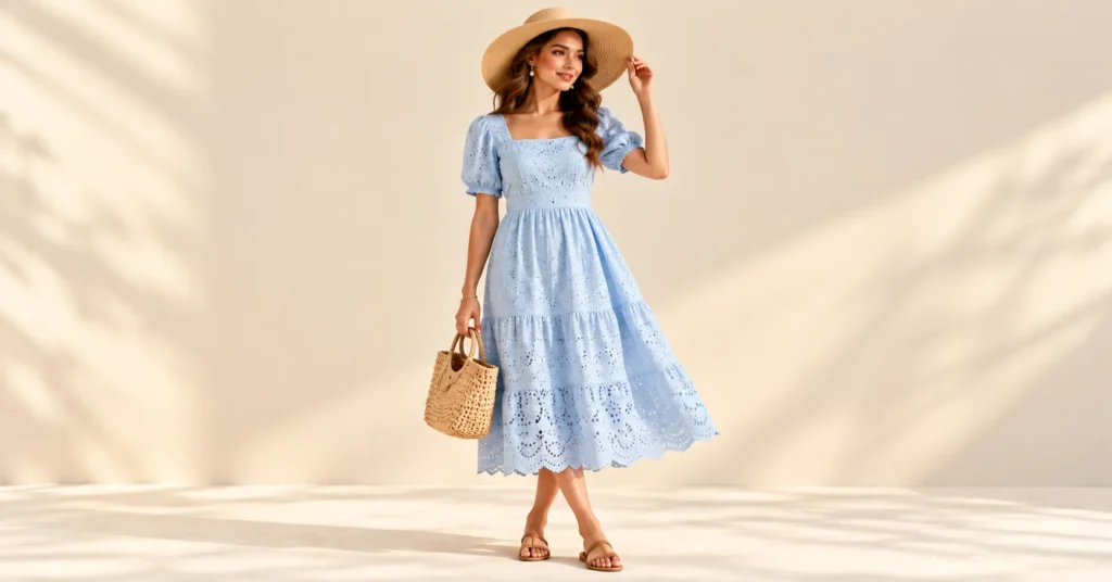 What to Wear to a Bridal Shower as a Guest: 10 Stunning Outfit Ideas for Every Style 9 What to Wear to a Bridal Shower as a Guest with a pastel blue eyelet sundress