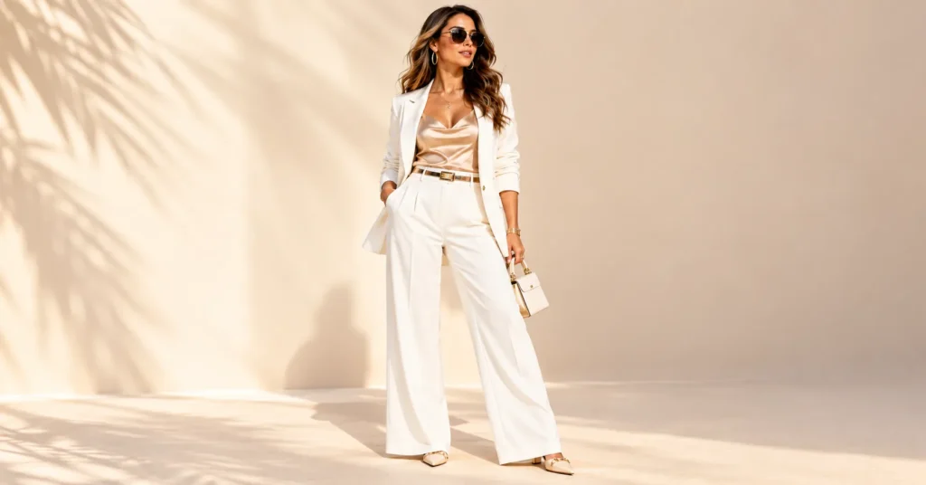 12 Best Pitbull Concert Outfit Ideas for a Bold, Glamorous Look 3 Pitbull Concert Outfit Ideas featuring a polished white tailored suit, gold accessories, and aviator sunglasses.