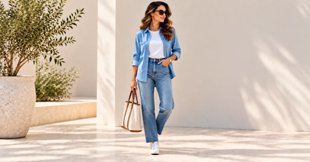 10 Effortless Blue Shirt Outfits That Look Sharp Every Time 12 Blue Shirt Outfits with an open blue chambray shirt over a white tee and jeans