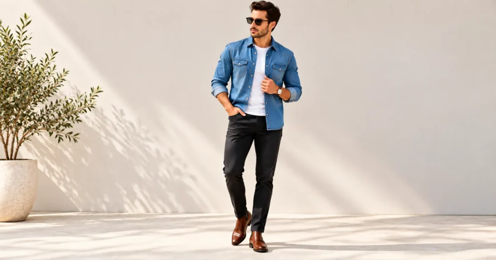10 Effortless Blue Shirt Outfits That Look Sharp Every Time 5 Blue Shirt Outfits with a blue denim shirt and contrasting black jeans