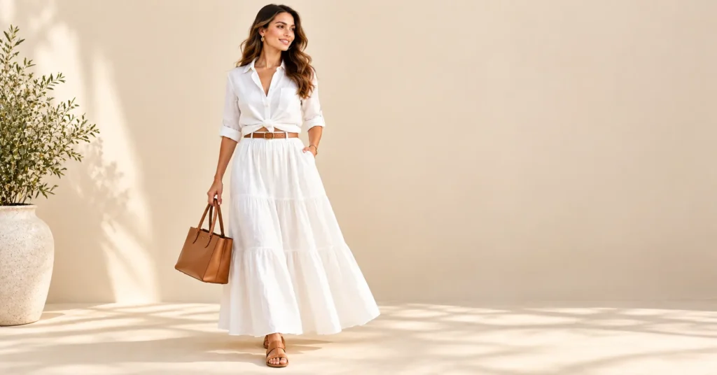White Maxi Skirts: Fabrics, Fits, and 10 Effortless Outfit Formulas 8 White maxi skirts styled with a matching white linen shirt, cognac belt, and tan sandals.