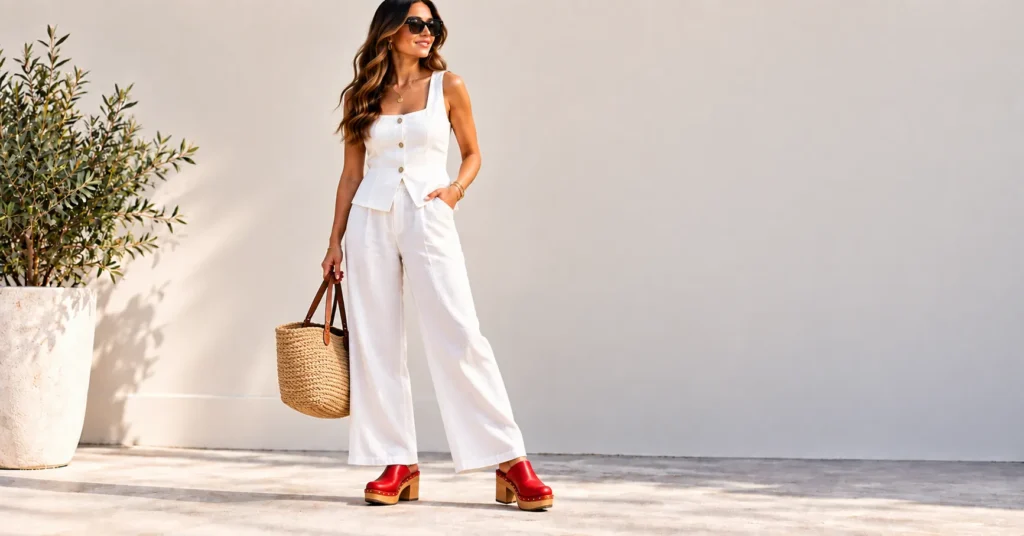 10 Stunning Chunky Clogs Looks That Instantly Elevate Every Outfit 11 Chunky Clogs in cherry red with a white linen summer outfit