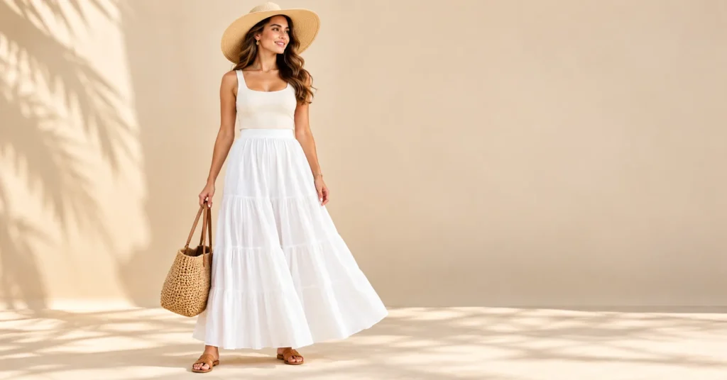 White Maxi Skirts: Fabrics, Fits, and 10 Effortless Outfit Formulas 5 White maxi skirts styled with a modest cream swimsuit top, tan slides, and a straw hat for a beach escape.