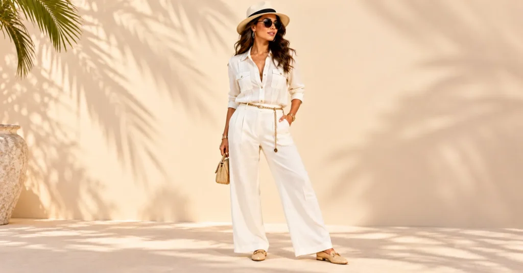12 Best Pitbull Concert Outfit Ideas for a Bold, Glamorous Look 7 Pitbull Concert Outfit Ideas featuring a cream guayabera-inspired shirt, linen trousers, and woven loafers.