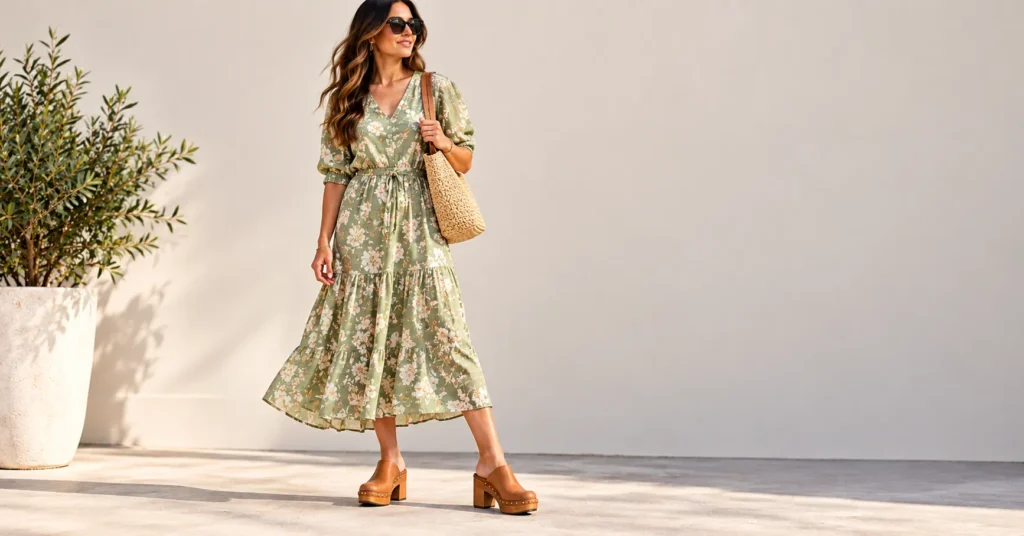 10 Stunning Chunky Clogs Looks That Instantly Elevate Every Outfit 4 Chunky Clogs with a flowing floral midi dress and woven tote