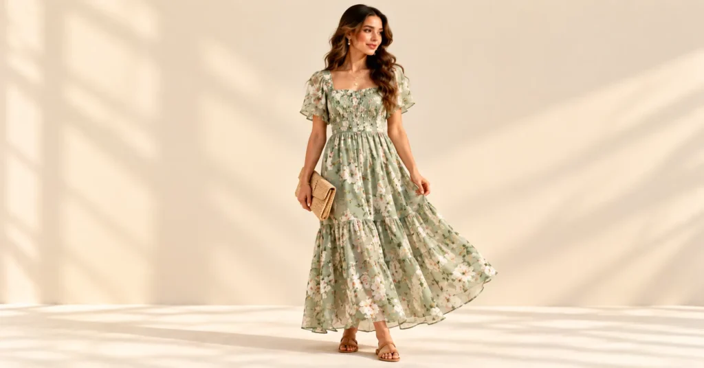 What to Wear to a Bridal Shower as a Guest: 10 Stunning Outfit Ideas for Every Style 11 What to Wear to a Bridal Shower as a Guest with a sage green tiered maxi dress