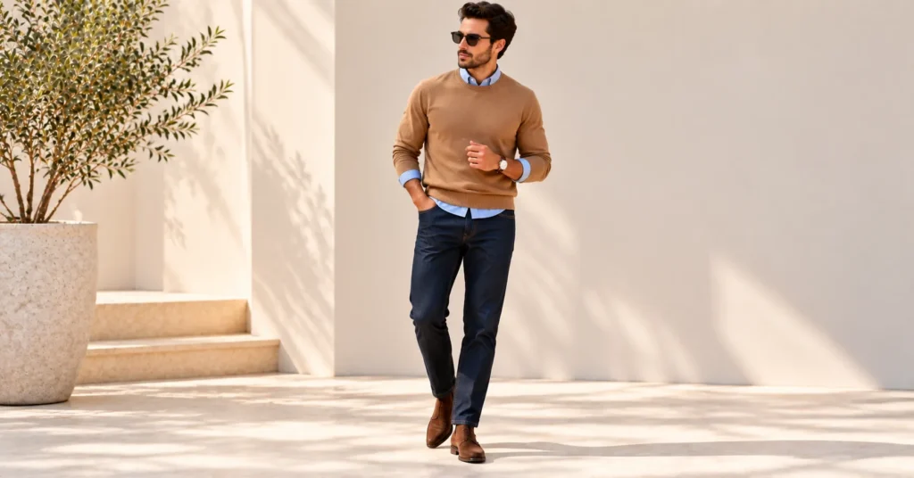 10 Effortless Blue Shirt Outfits That Look Sharp Every Time 9 Blue Shirt Outfits with a blue Oxford shirt and camel crewneck sweater