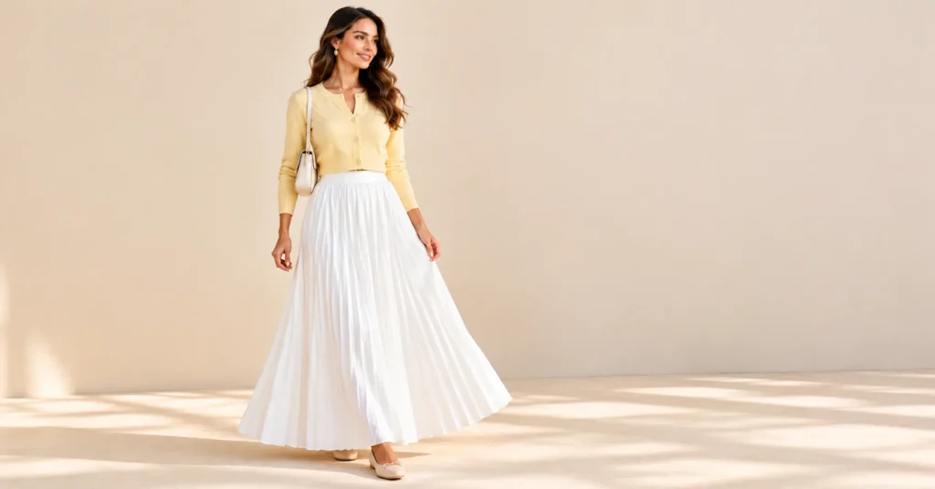 White Maxi Skirts: Fabrics, Fits, and 10 Effortless Outfit Formulas 10 White maxi skirts styled with a butter-yellow cropped cardigan, ballet flats, and a cream shoulder bag.