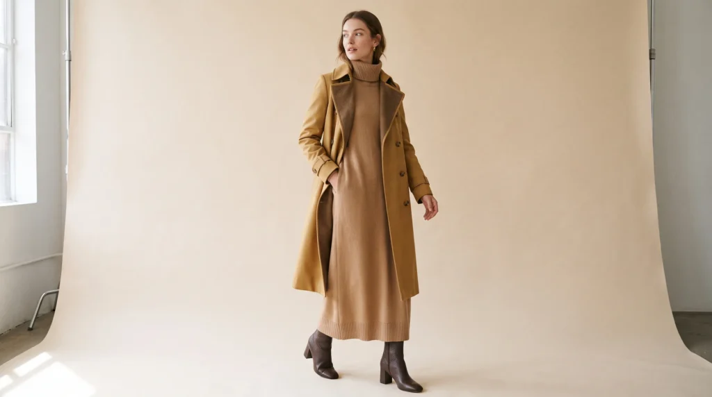 Luxury Winter Clothes for Women: Fabrics, Brands, and 10 Elegant Outfits 9 Tailored luxury winter clothes for women showcasing a camel turtleneck knit dress under a classic lined trench coat.