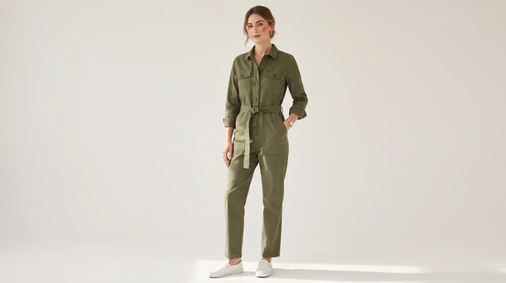 Tall women clothes utility jumpsuit designed with a long torso fit and belted waist for casual wear.