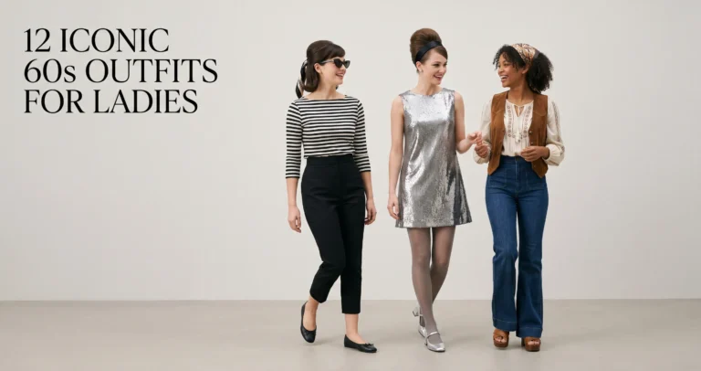 Three models showcasing iconic 60's outfits for ladies