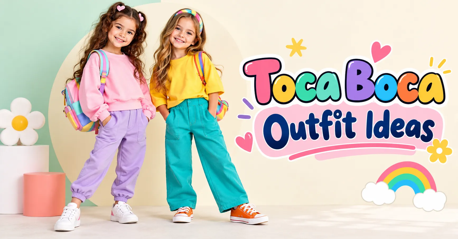 Home 10 Toca Boca outfit ideas featuring children in colorful pastel and rainbow-inspired outfits with playful accessories.