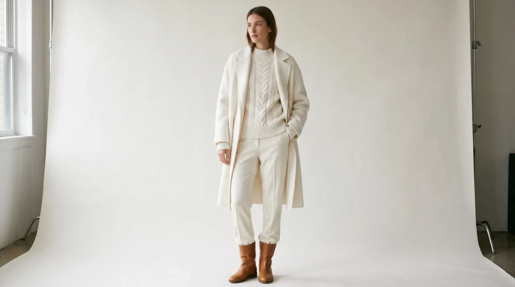 Luxury Winter Clothes for Women: Fabrics, Brands, and 10 Elegant Outfits 5 Tonal all cream luxury winter clothes for women with an ivory cable knit sweater and double faced wool coat.