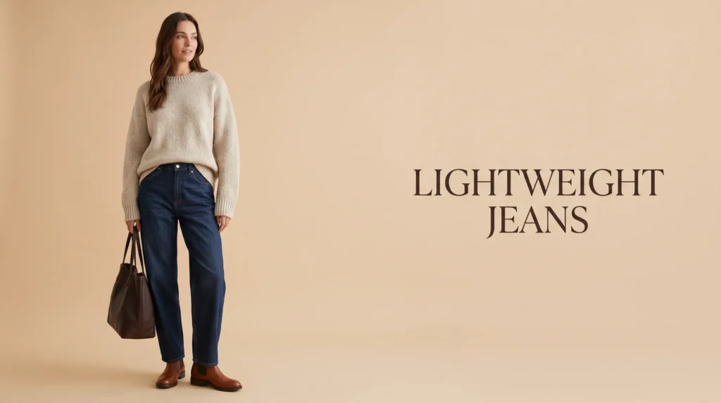 Transitional autumn look pairing breathable lightweight jeans with a chunky knit sweater.