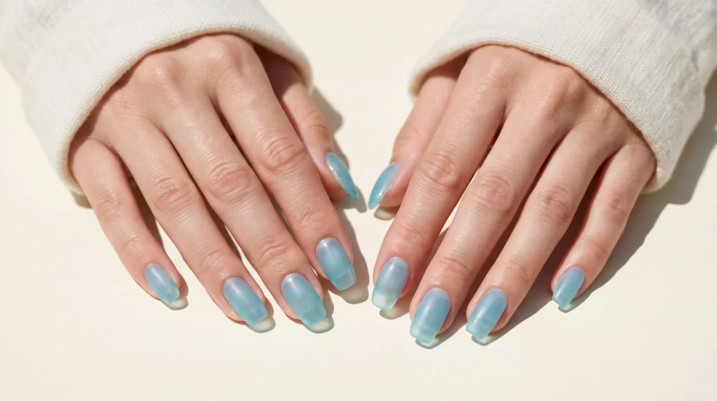 Icy Blue Nails: 10 Stunning Ideas, Shades & Pro Tips for a Frosty Manicure 6 Translucent frosted jelly icy blue nails resembling sea glass in clear lighting.