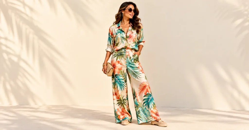 12 Best Pitbull Concert Outfit Ideas for a Bold, Glamorous Look 9 Pitbull Concert Outfit Ideas featuring a tropical print matching set, gold hoops, and comfortable espadrilles.