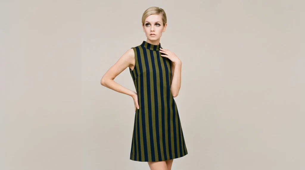 12 Iconic 60's Outfits for Ladies: Mod, Retro, and Vintage Looks to Recreate 9 Twiggy inspired striped mini dress and mod makeup styling for 60's outfits for ladies.