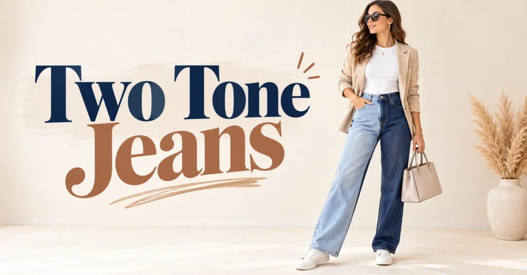 10 Bold Two Tone Jeans Styles That Instantly Upgrade Any Outfit 2 Two Tone Jeans styled with a white top and beige jacket in a polished editorial fashion look.