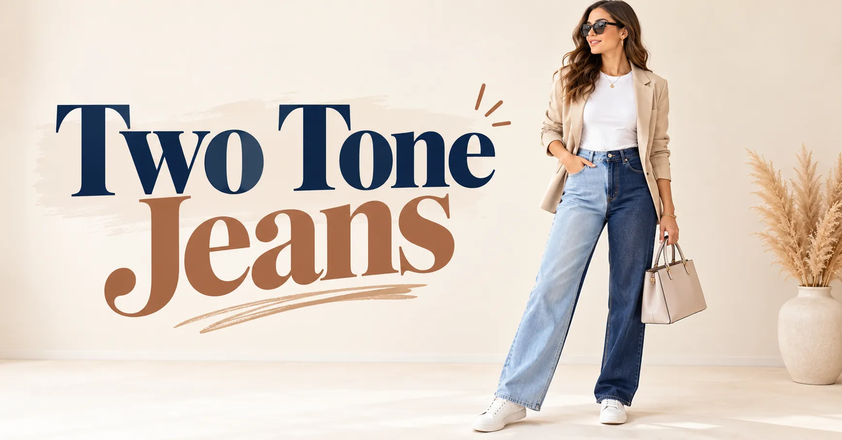 Home 12 Two Tone Jeans styled with a white top and beige jacket in a polished editorial fashion look.