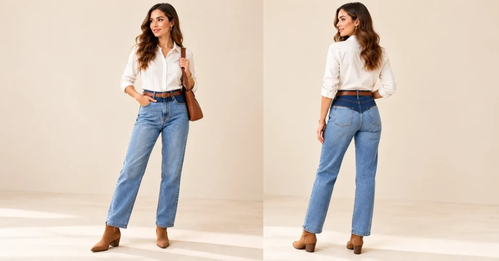 10 Bold Two Tone Jeans Styles That Instantly Upgrade Any Outfit 7 Contrast yoke Two Tone Jeans with a dark indigo waistband, brown leather belt, and ivory shirt.