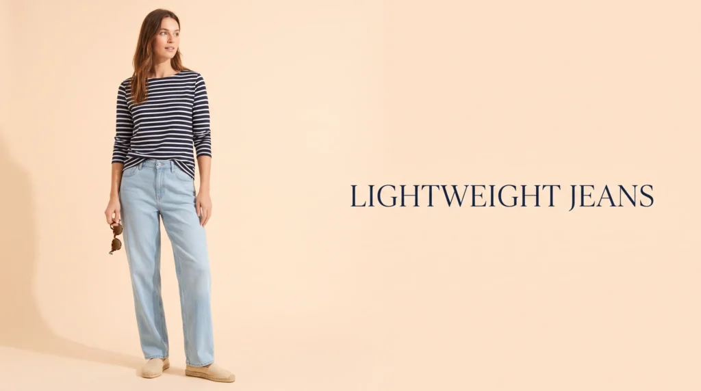 Vacation outfit featuring relaxed lightweight jeans and canvas espadrilles.