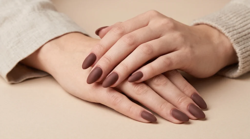 Cocoa Nail Color: 10 Gorgeous Ideas, Shades & Pro Tips for a Luxe Manicure 7 Velvet matte cocoa nail color manicure with a smooth suede finish in bright daylight.