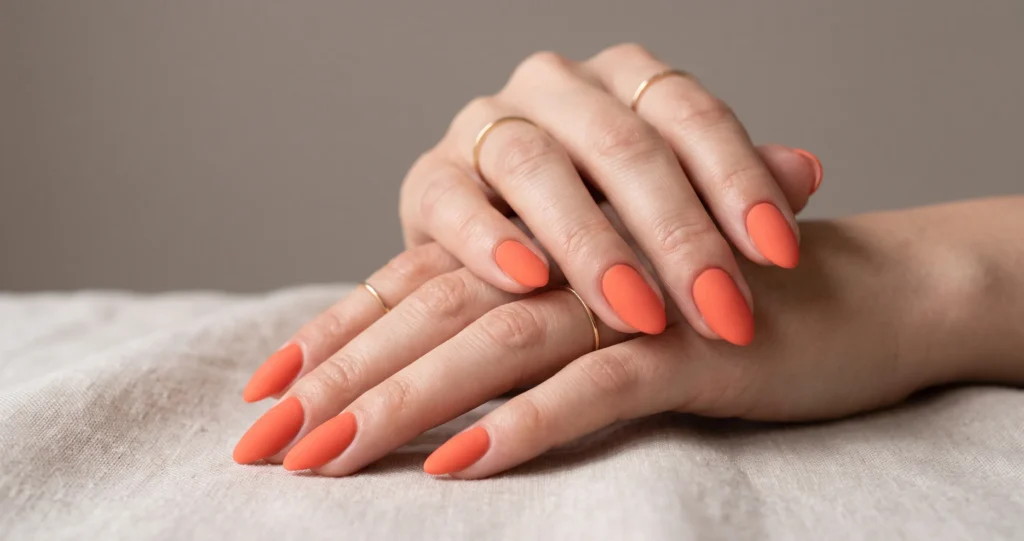 Velvety matte coral nails featuring a smooth non-reflective finish in daylight
